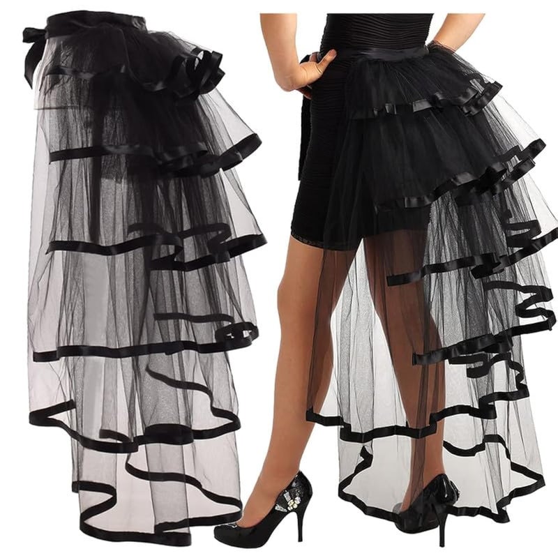 GRACEART Victorian Steampunk Bustle Skirt 6 Layered Tie-on Belt Tulle Tutu Overskirt A-black - Image 1